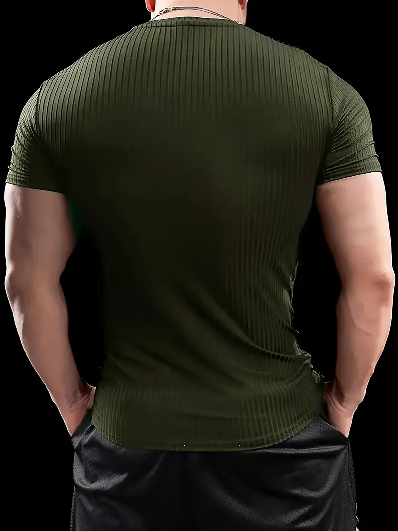 Men'S Summer Striped T-Shirt - Casual & Sporty, Slim Fit, High-Elasticity Ribbed Crew Neck Tee, Lightweight for Gym & Casual Attire