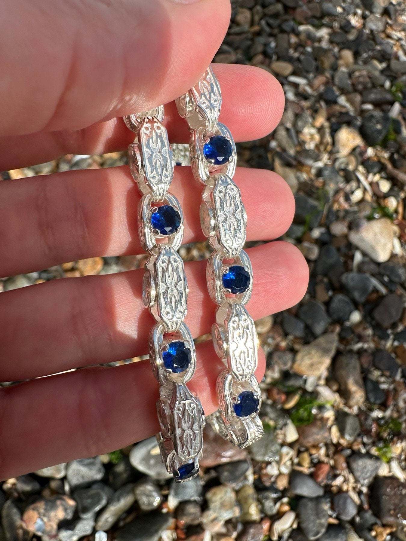 Men's Silver Necklace with Blue Stones and Eight-Pointed Stars