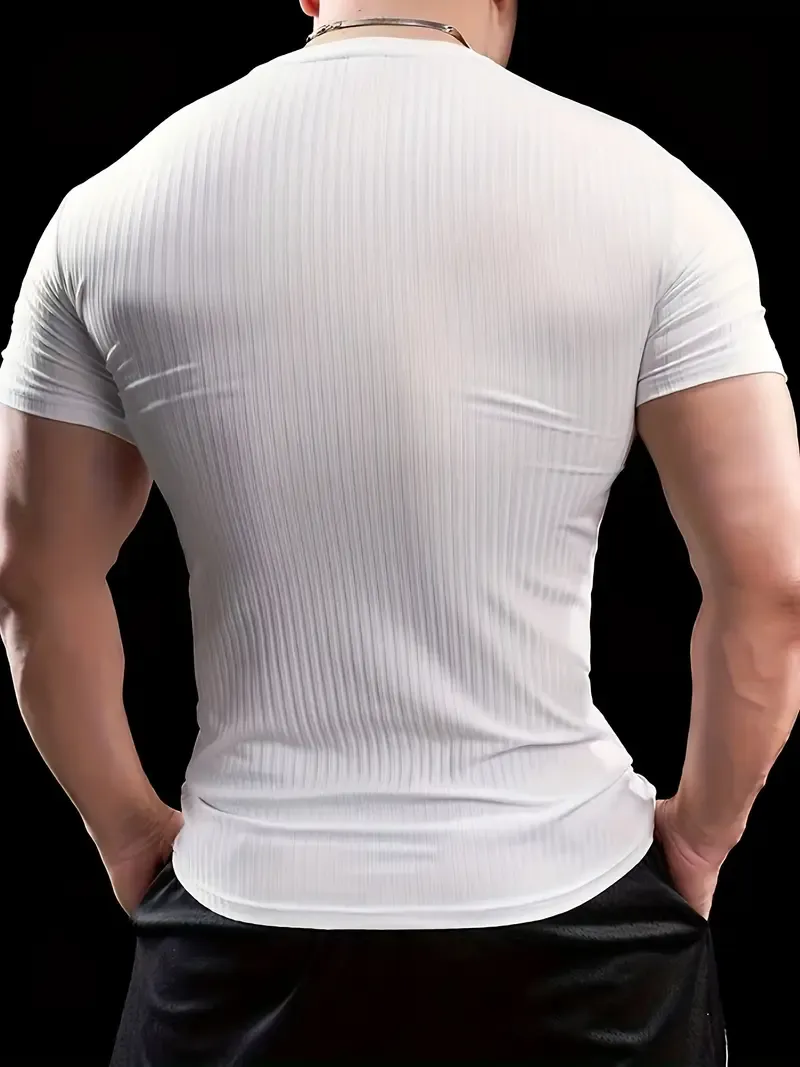 Men'S Summer Striped T-Shirt - Casual & Sporty, Slim Fit, High-Elasticity Ribbed Crew Neck Tee, Lightweight for Gym & Casual Attire