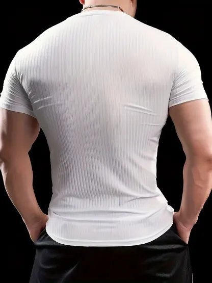 Men'S Summer Striped T-Shirt - Casual & Sporty, Slim Fit, High-Elasticity Ribbed Crew Neck Tee, Lightweight for Gym & Casual Attire