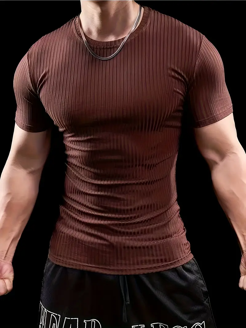 Men'S Summer Striped T-Shirt - Casual & Sporty, Slim Fit, High-Elasticity Ribbed Crew Neck Tee, Lightweight for Gym & Casual Attire