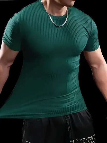 Men'S Summer Striped T-Shirt - Casual & Sporty, Slim Fit, High-Elasticity Ribbed Crew Neck Tee, Lightweight for Gym & Casual Attire