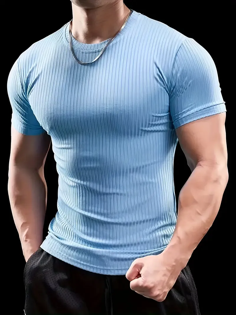 Men'S Summer Striped T-Shirt - Casual & Sporty, Slim Fit, High-Elasticity Ribbed Crew Neck Tee, Lightweight for Gym & Casual Attire