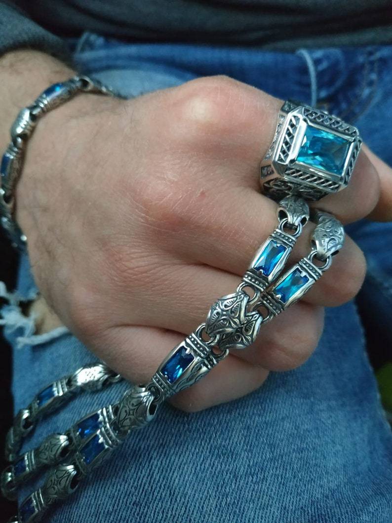 Mens silver bracelet; mens bracelet with stones; silver bracelet for men; bracelet with topazes; 925 sterling silver bracelet handmade