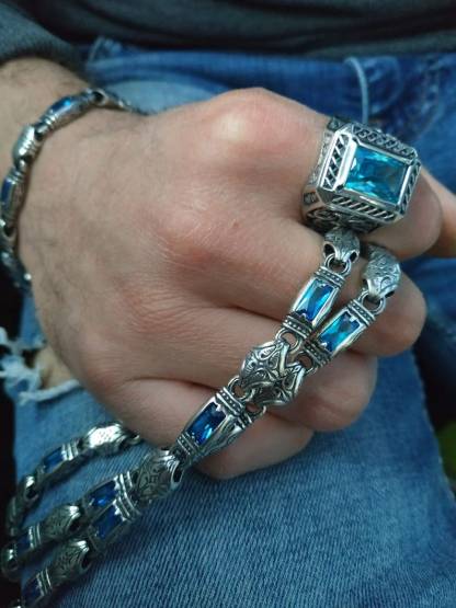 Mens silver bracelet; mens bracelet with stones; silver bracelet for men; bracelet with topazes; 925 sterling silver bracelet handmade