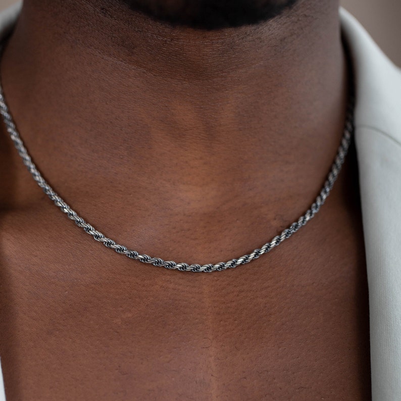 Rope Chain Necklace Men Oxidized Sterling Silver 3mm - Birthday Gift for Him - SN00174