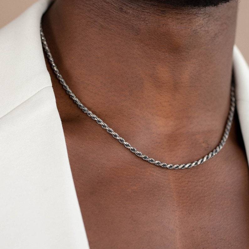 Rope Chain Necklace Men Oxidized Sterling Silver 3mm - Birthday Gift f