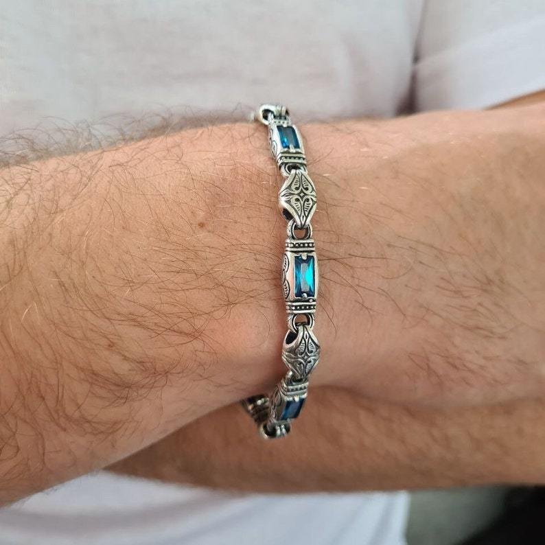 Mens silver bracelet; mens bracelet with stones; silver bracelet for men; bracelet with topazes; 925 sterling silver bracelet handmade