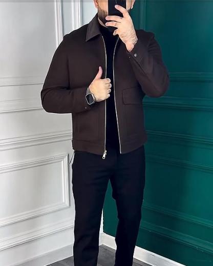 Leather Collar Double Pocket Jacket-VibeCloset