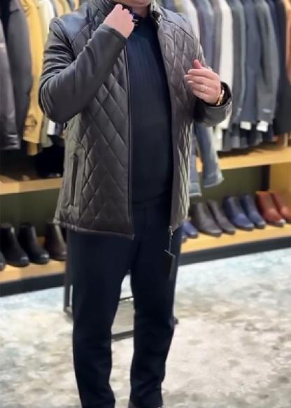 Leather Jacket With Checkered Stitching And Stand Collar-VibeCloset