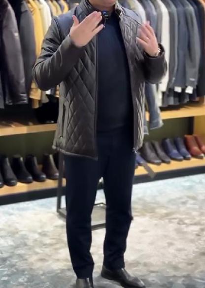 Leather Jacket With Checkered Stitching And Stand Collar-VibeCloset