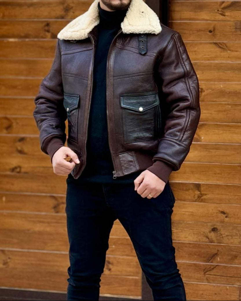 Distressed Leather Jacket With Plush Lapels-VibeCloset