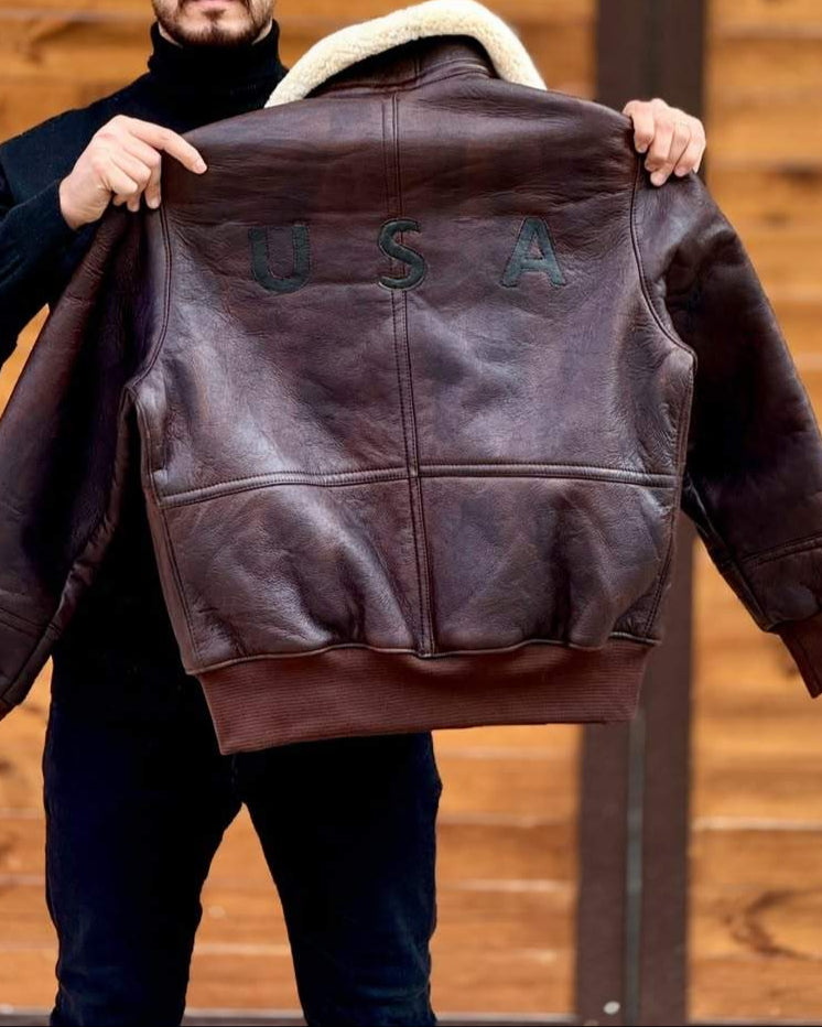 Distressed Leather Jacket With Plush Lapels-VibeCloset