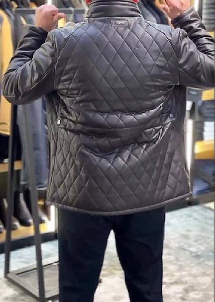 Leather Jacket With Checkered Stitching And Stand Collar-VibeCloset