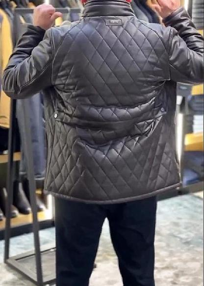 Leather Jacket With Checkered Stitching And Stand Collar-VibeCloset