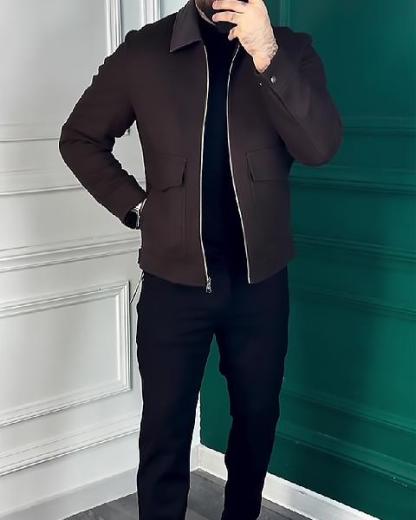 Leather Collar Double Pocket Jacket-VibeCloset