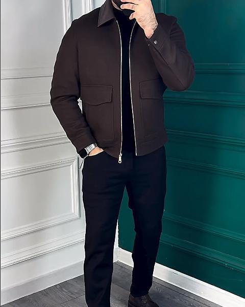 Leather Collar Double Pocket Jacket-VibeCloset