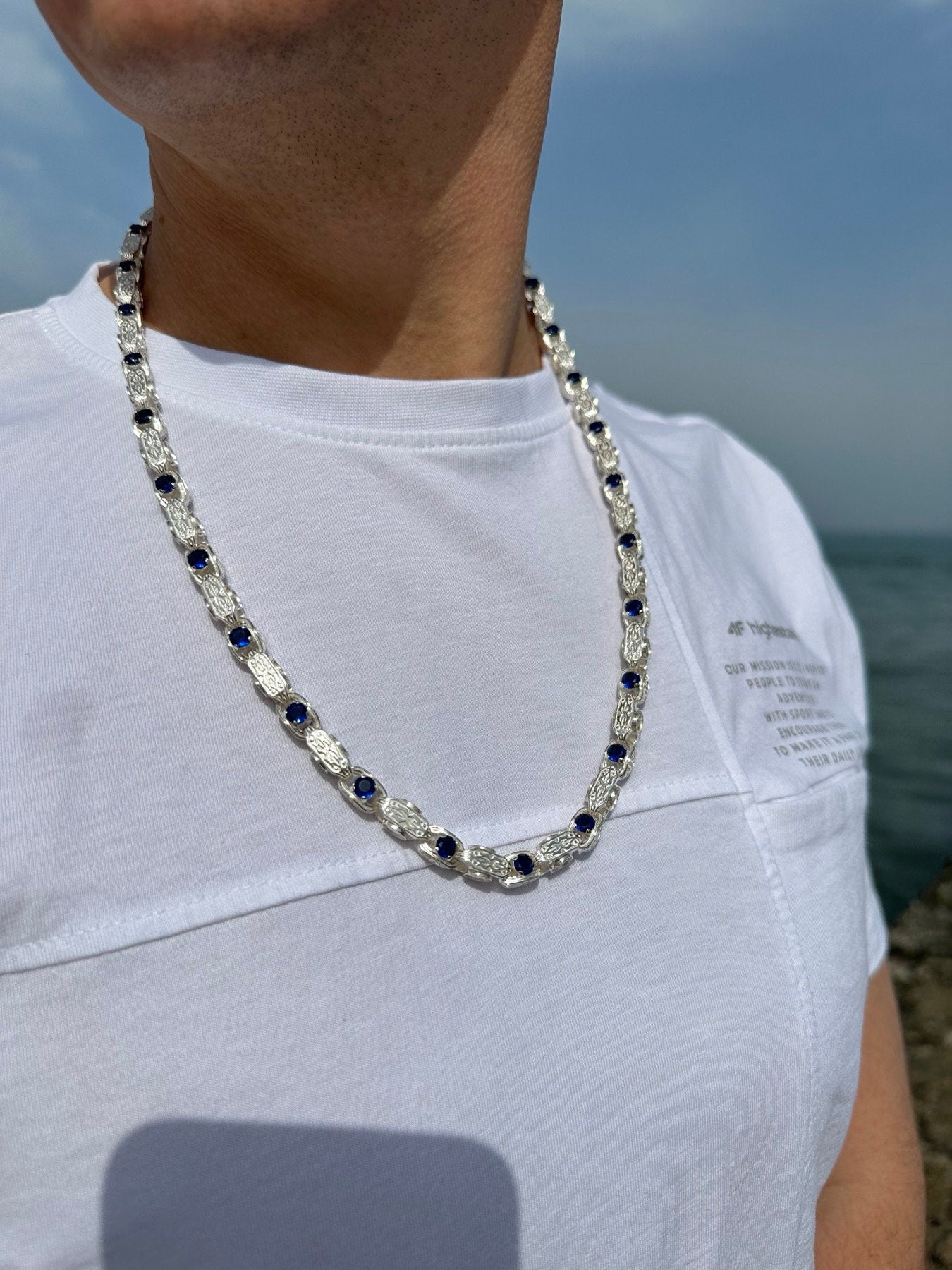 Men's Silver Necklace with Blue Stones and Eight-Pointed Stars