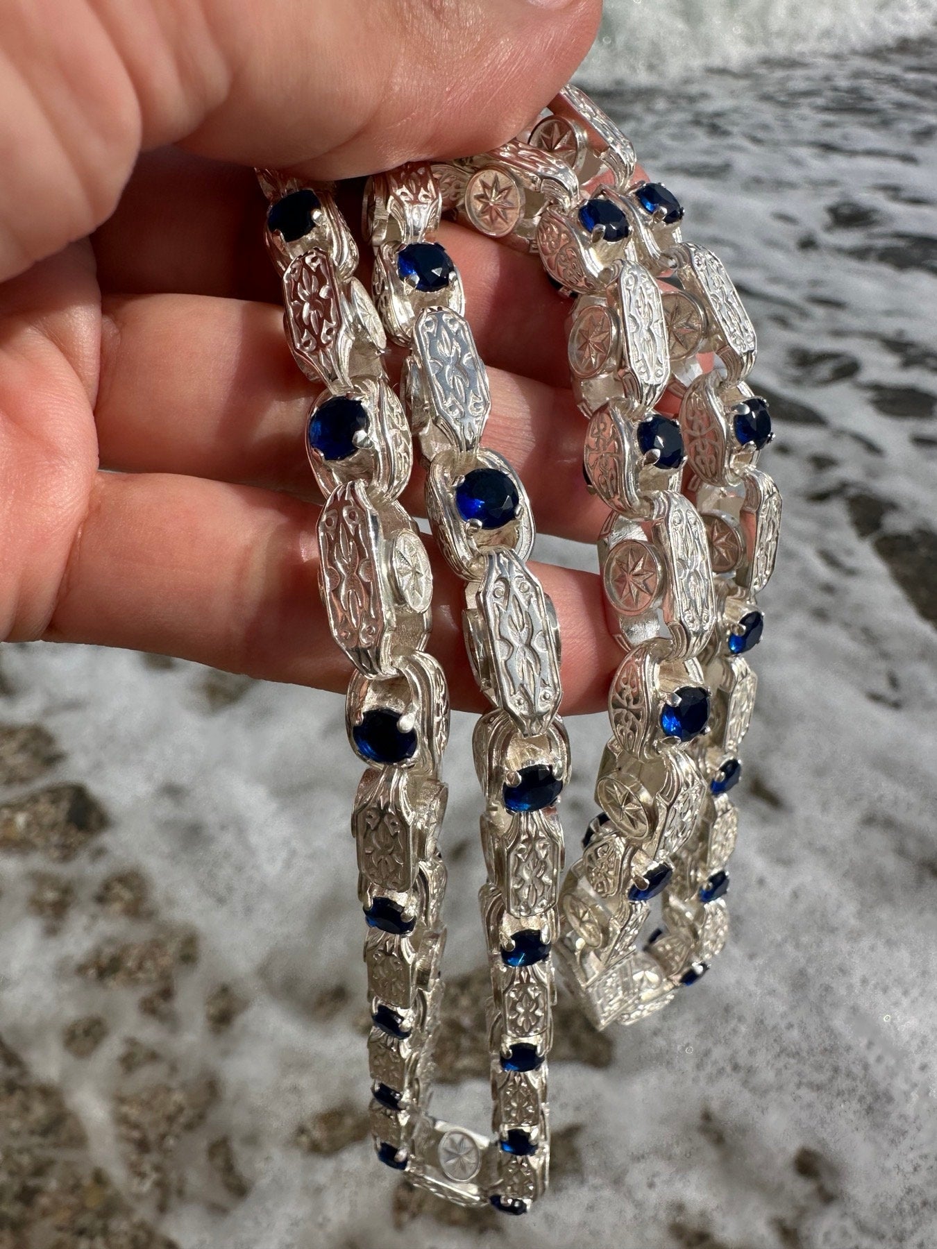 Men's Silver Necklace with Blue Stones and Eight-Pointed Stars