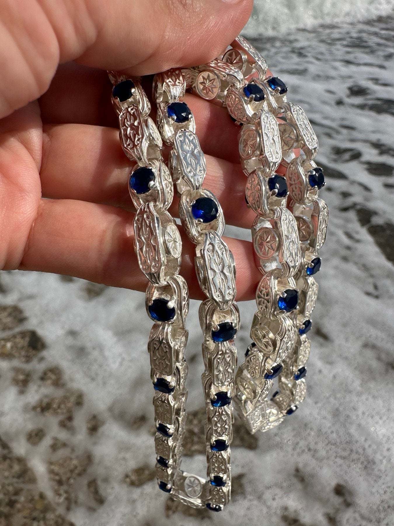 Men's Silver Necklace with Blue Stones and Eight-Pointed Stars