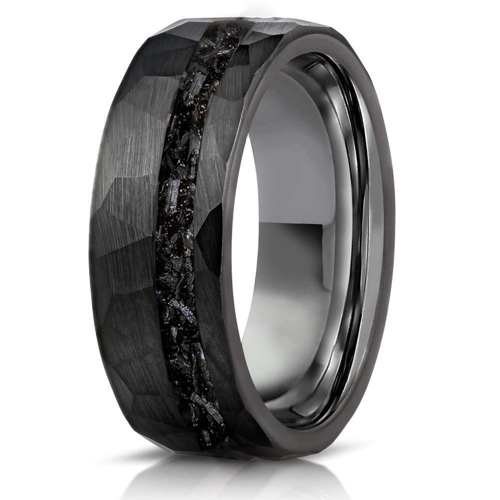 "Zeus" Hammered Tungsten Carbide Ring- Black w/ Meteorite- 8mm