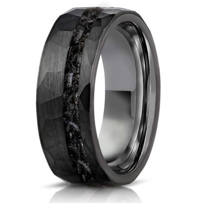 "Zeus" Hammered Tungsten Carbide Ring- Black w/ Meteorite- 8mm