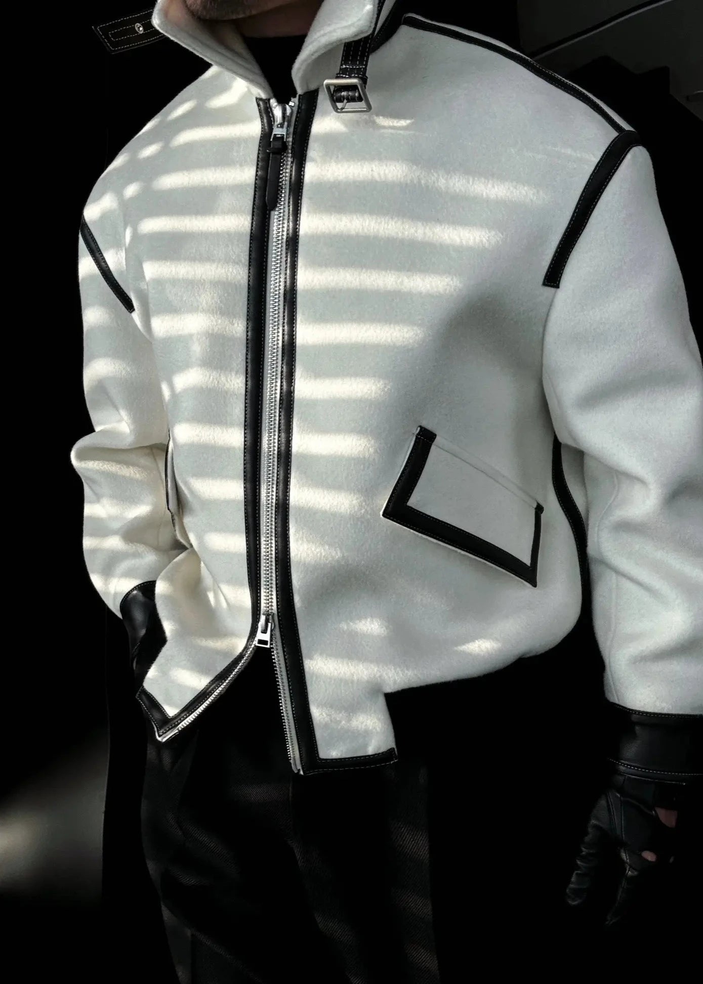 Leather-Trimmed Lapel Cashmere-Blend Jacket-VibeCloset