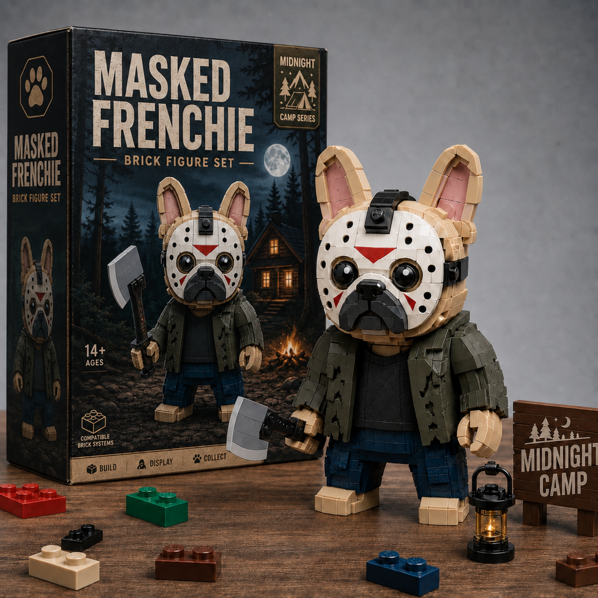Premium Masked Frenchie Brick Figure – Midnight Camp Edition