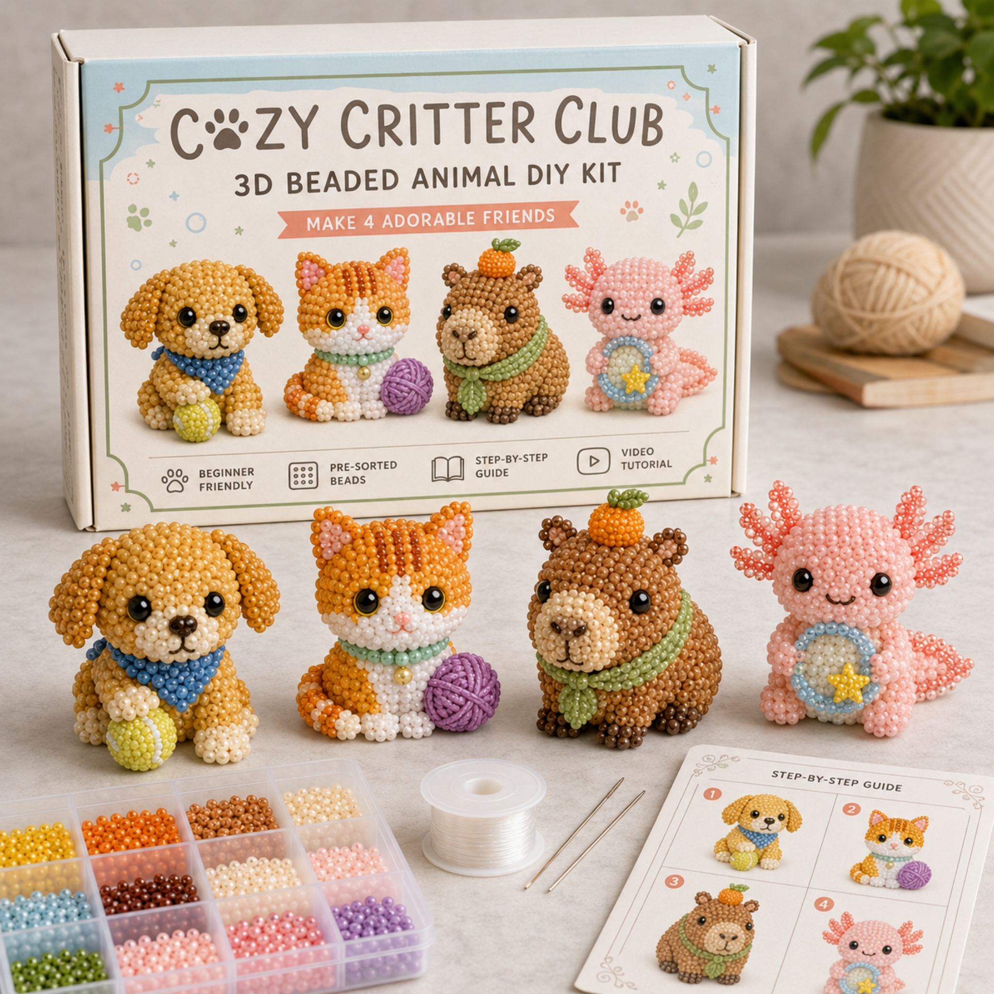 🧘 Relaxing & Beginner-Friendly - 🐾 4-Piece 3D Beaded Animal DIY Kit