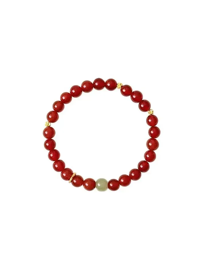 New Chinese Style Red Agate & Hetian Jade Beaded Bracelet - 16.5cm (Fits 14-15cm Wrist)