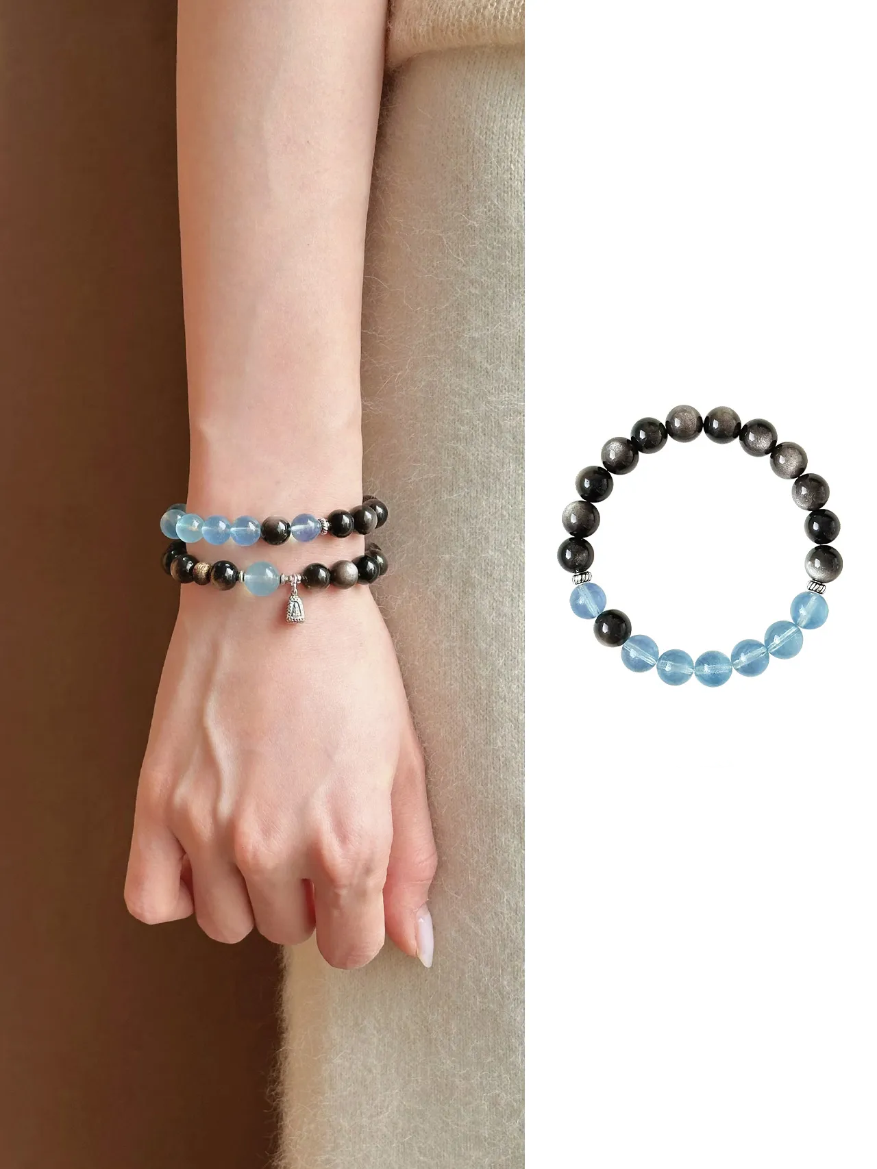 New Chinese style aquamarine and silver stone bracelet, emotional stability bracelet