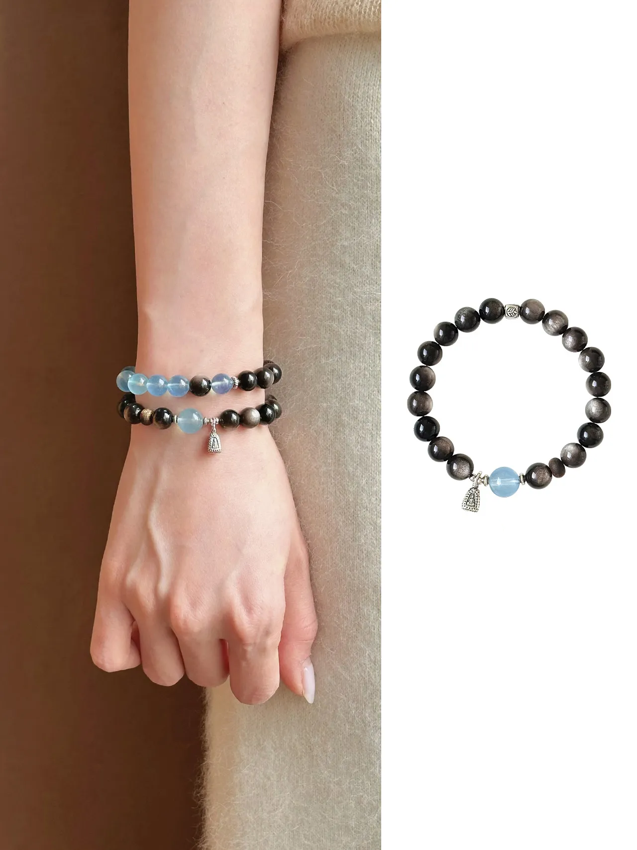 New Chinese style silver stone aquamarine bracelet and fortune-bringing bracelet