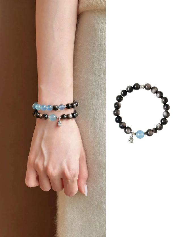 New Chinese style silver stone aquamarine bracelet and fortune-bringing bracelet