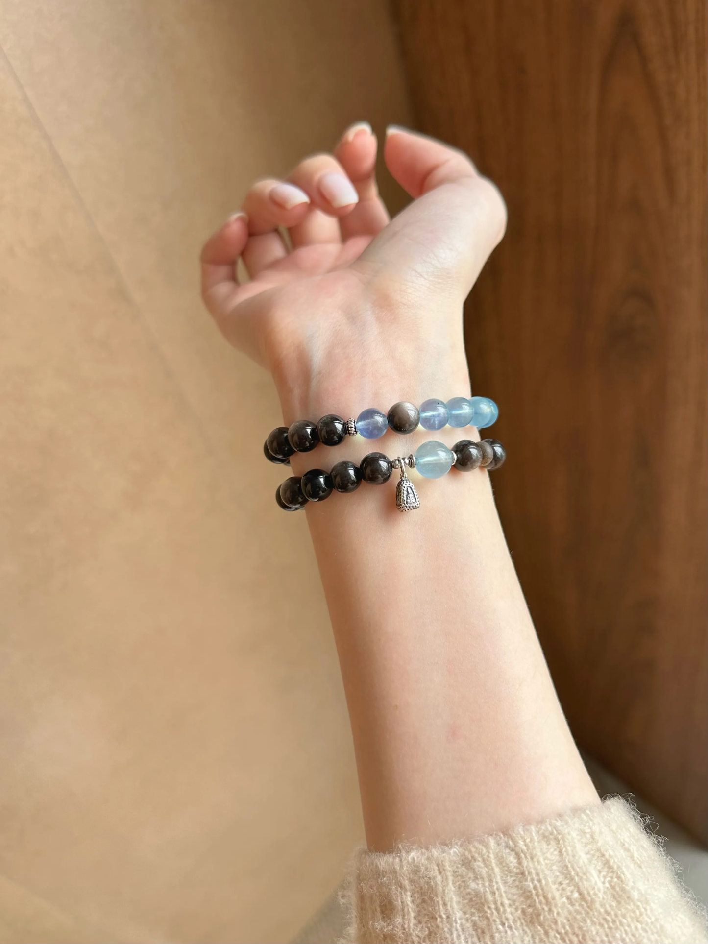 New Chinese style silver stone aquamarine bracelet and fortune-bringing bracelet