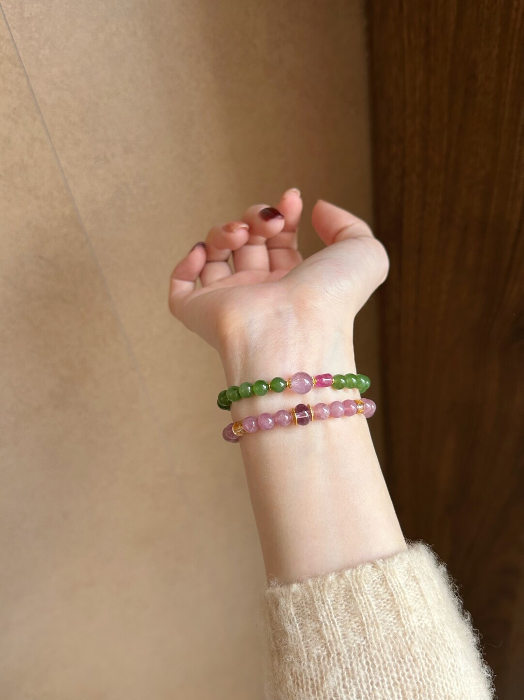 Sylvan/Mallow New Chinese Jasper and Purple Rutilated Quartz Bracelet · 18k Gold Fortune Bracelet · 18.5cm (Suitable for wrists 16-17 circumference)