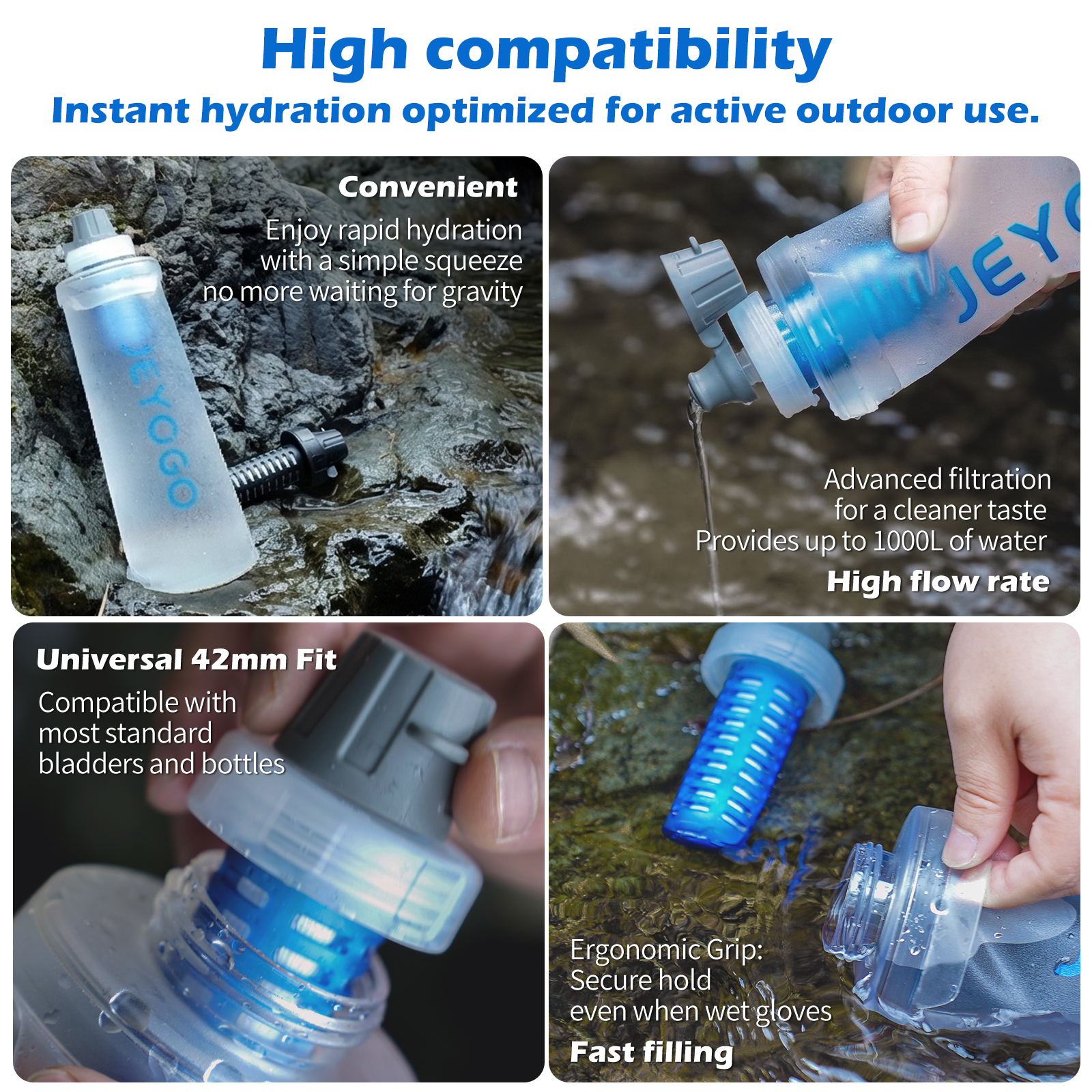 JEYOGO Collapsible Water Filter Bottle – 1L Outdoor Water Filtration Bladder with EPA Registered & BPA-Free Safe Material for Hiking, Trail Running, Cycling, and Camping