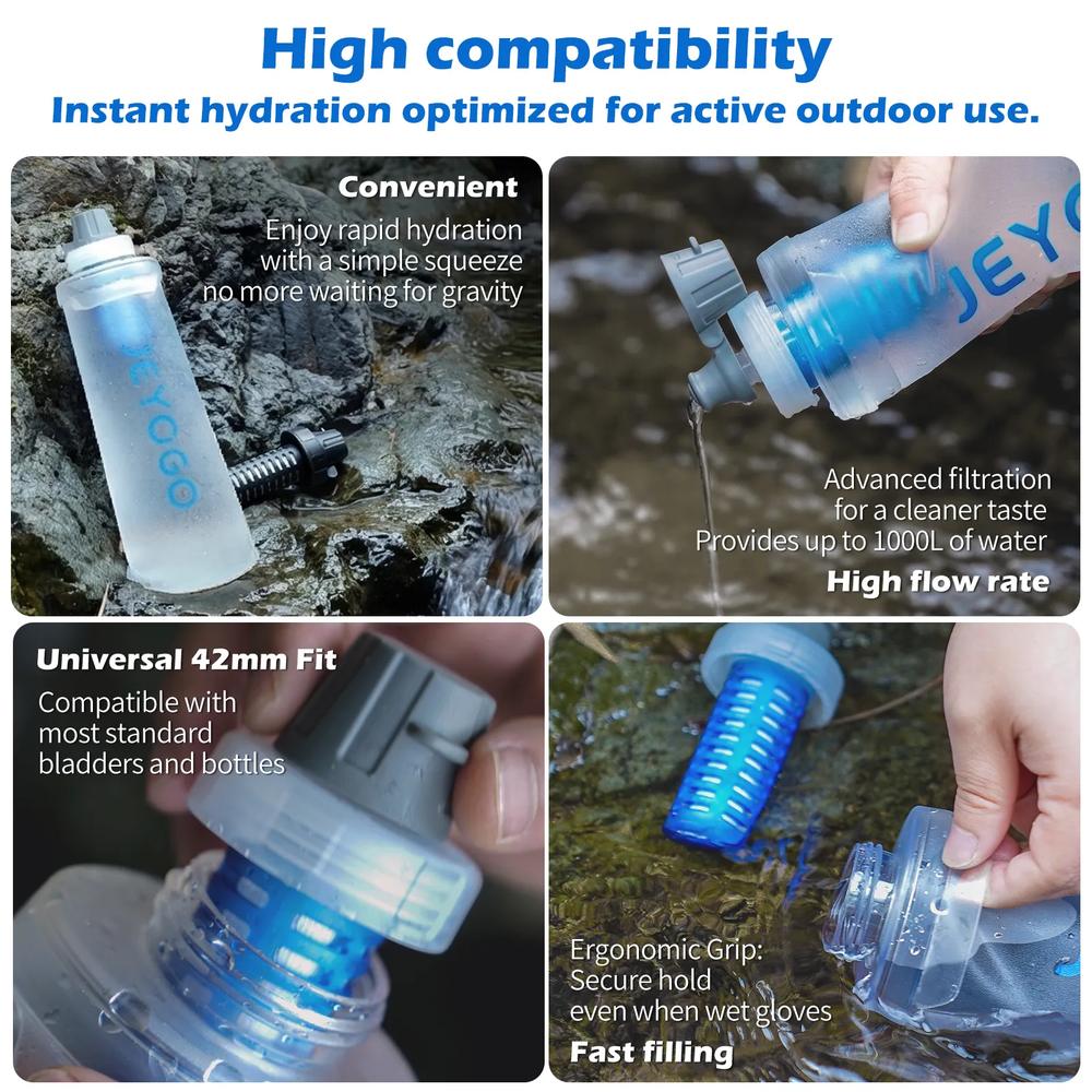 JEYOGO 1L Collapsible Water Filter Bottle with 2 Replacement Filters