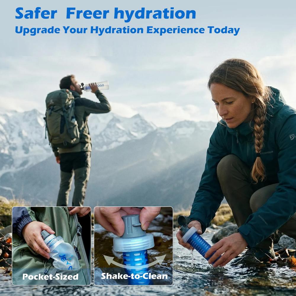 JEYOGO 1L Collapsible Water Filter Bottle with 2 Replacement Filters