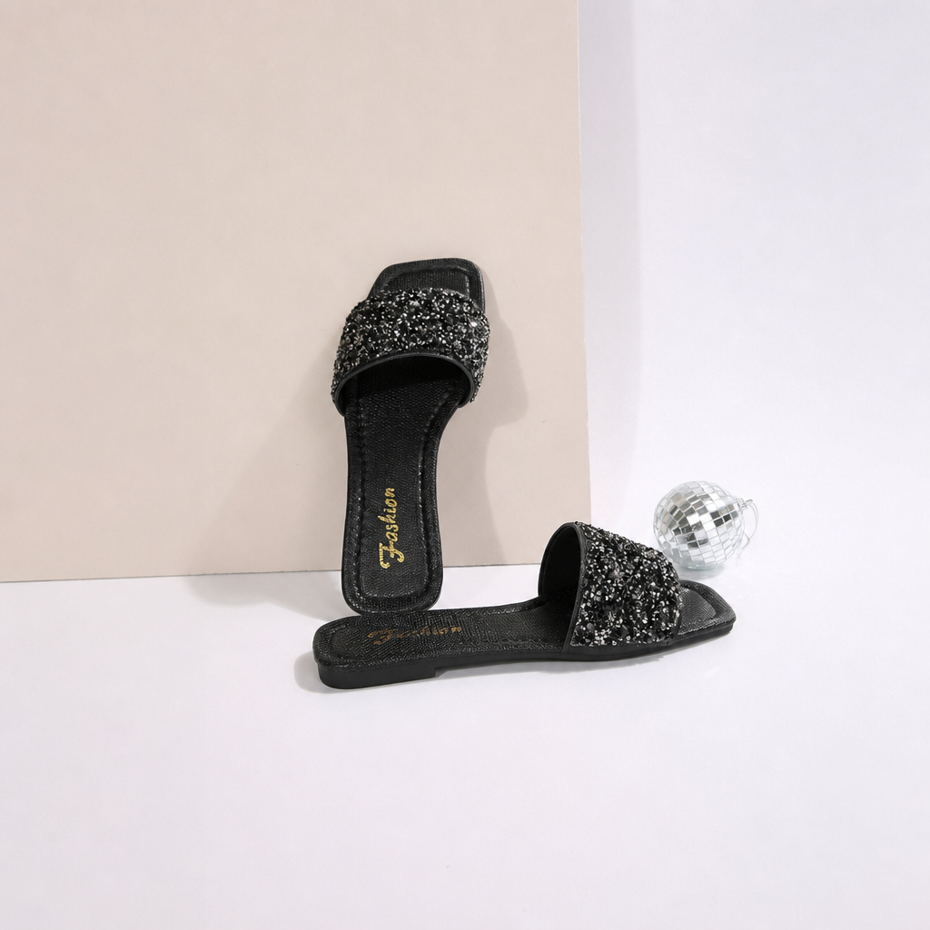 Pearl And Rhinestone Embellished Square Toe Slide Sandals for Women