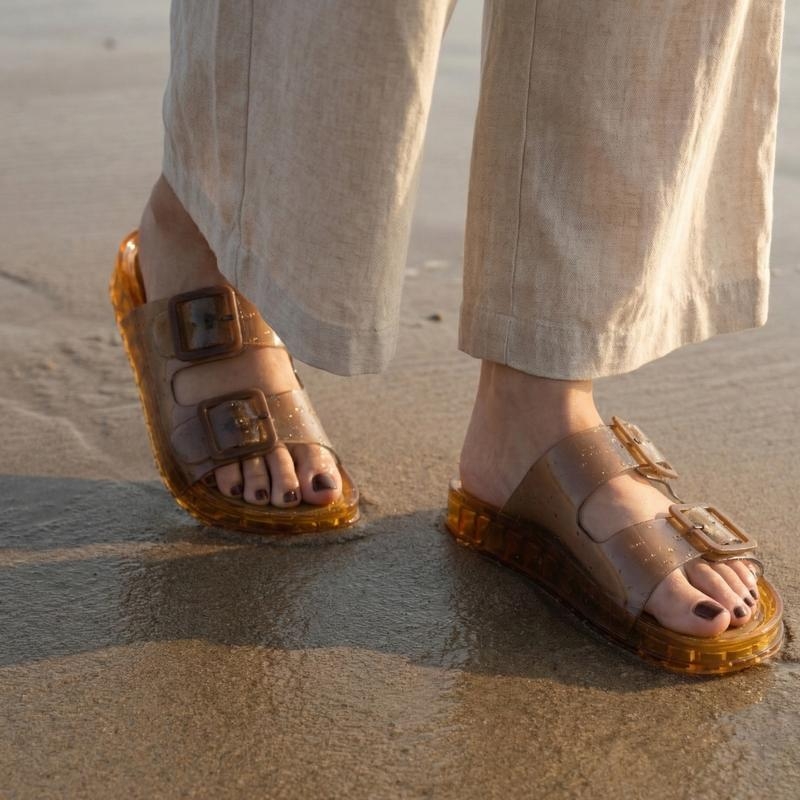 Adjustable Buckle Sandals Summer Double Jelly - Indoor Outdoor in Brown - On-Foot View