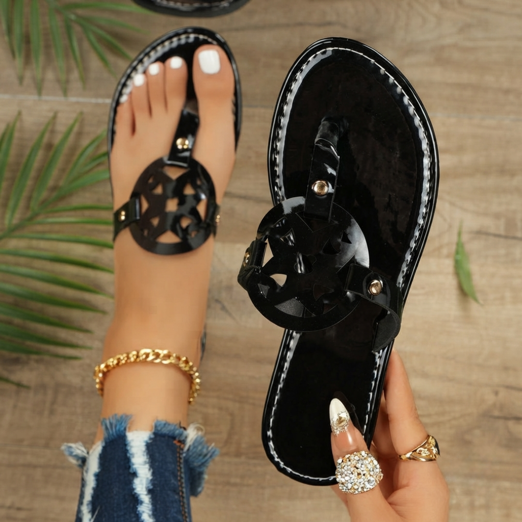 Casual Glossy Slip On Flat Flip Flop Sandals With Cutout Circle Accent For Women