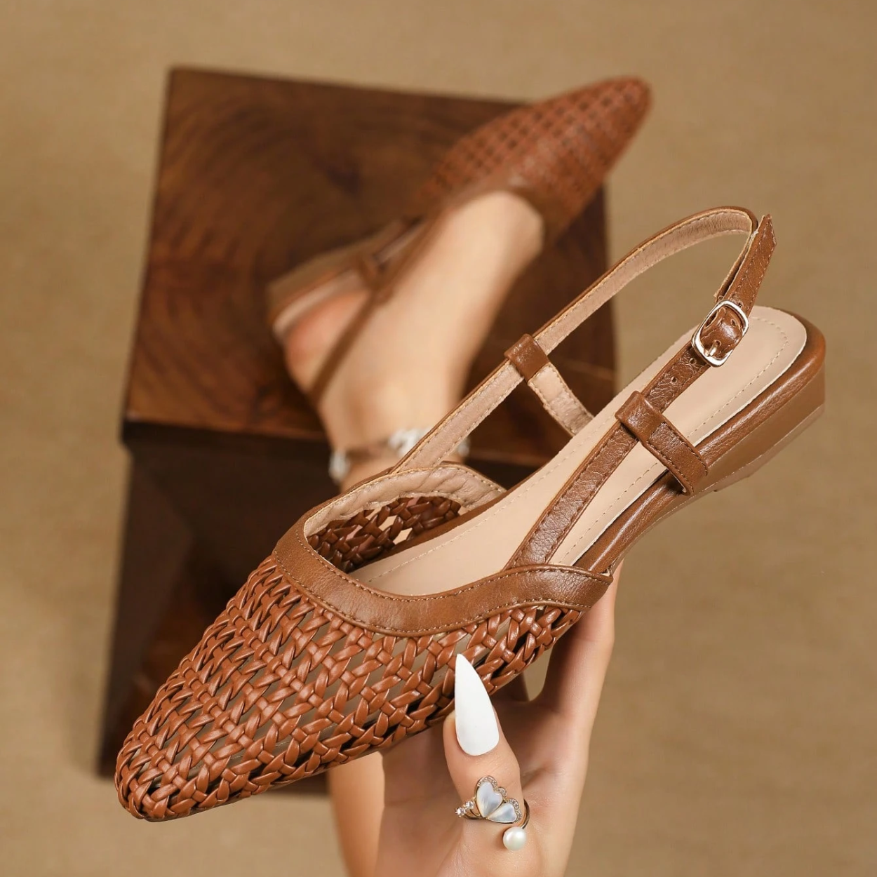 Criss Cross Strap Pointed Toe Low Heel Flats For Women in Brown - Front View