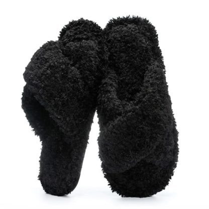 Women Fuzzy Memory Foam Cross Band Cozy Indoor Outdoor Slipper  