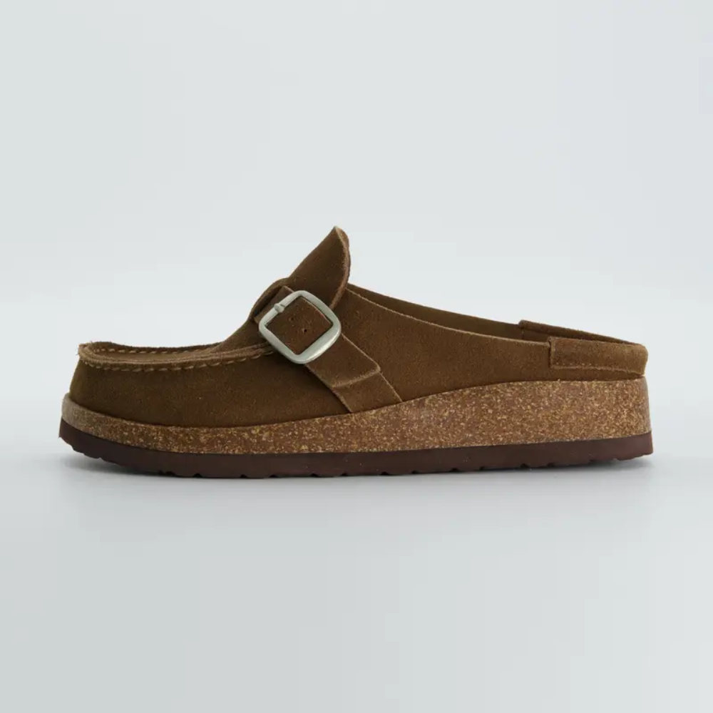 Women's Knit Suede Clogs - Cushioned Comfort in Brown - Side View