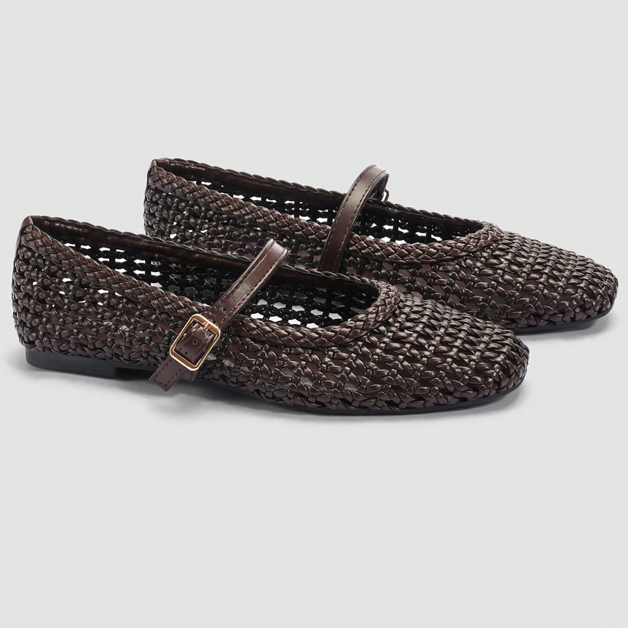 Woven Strap Buckle Casual Flat Shoes For Women in Brown - Sole Detail