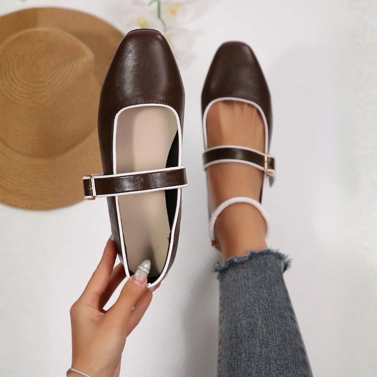 Mary Jane Flats With Square Buckle Strap Shoes in Black - Angled View