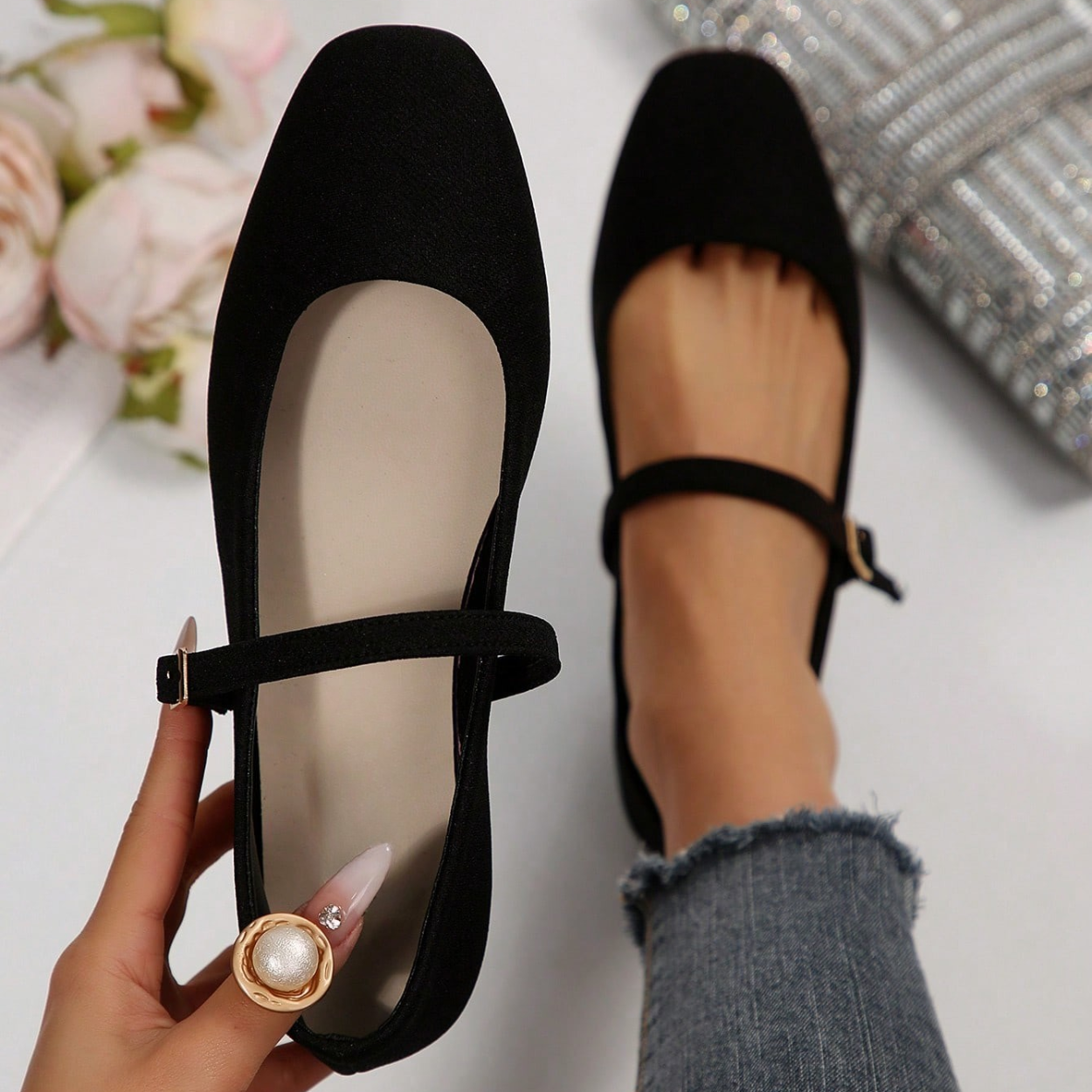 Stylish Ballet Flats Shoes With Buckle Strap And Soft Sole in Charcoal - On-Foot View