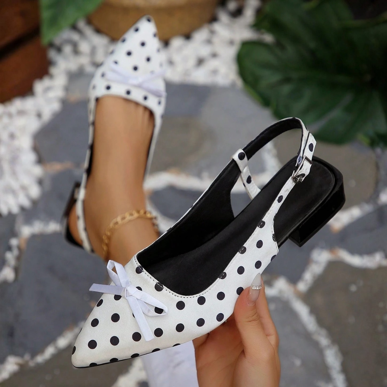 Elegant Polka Dot Pointed Toe Flats With Bow Slingback Design in White - Back View