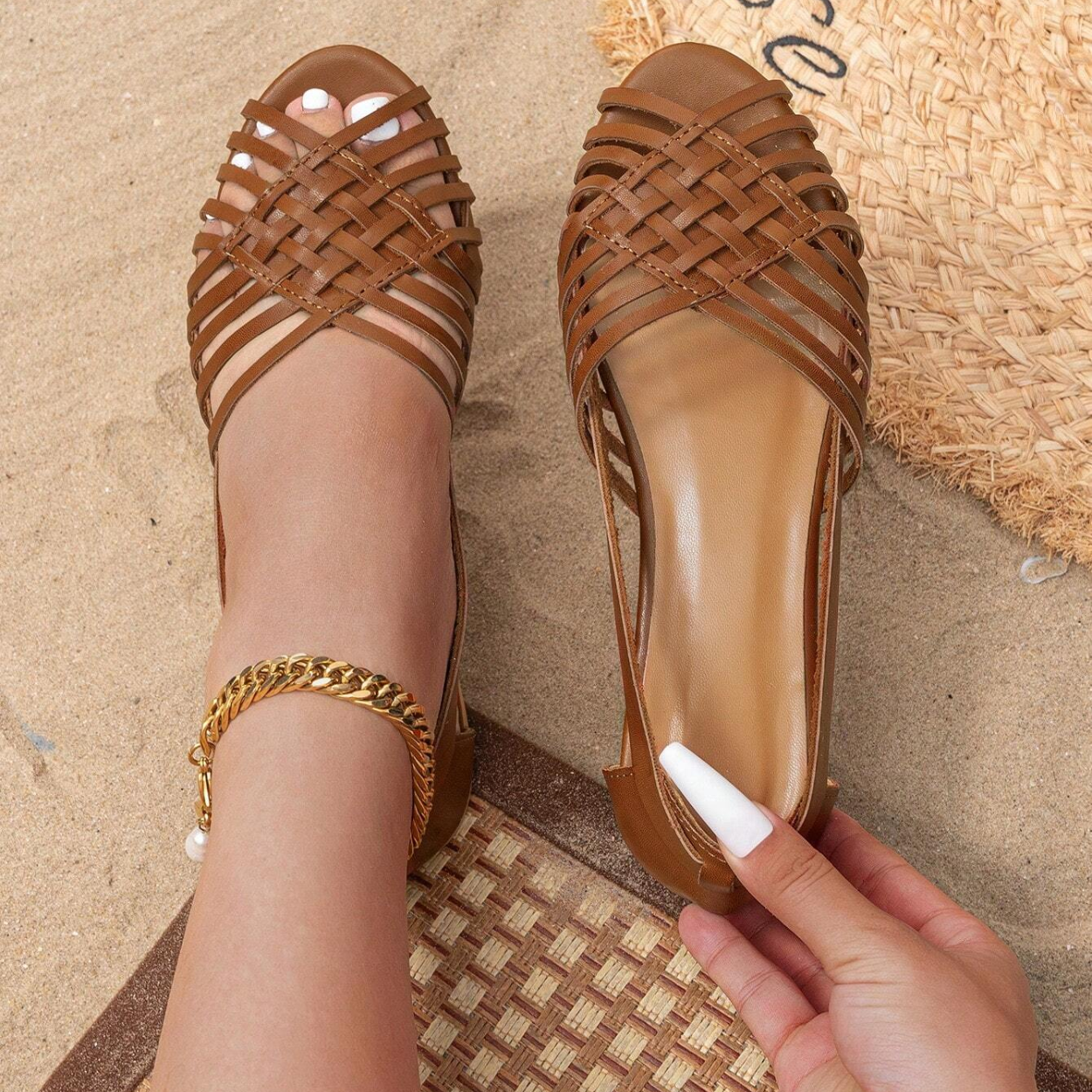 Woven Detail Open Flat Shoes For Women in Dark Brown - Front View