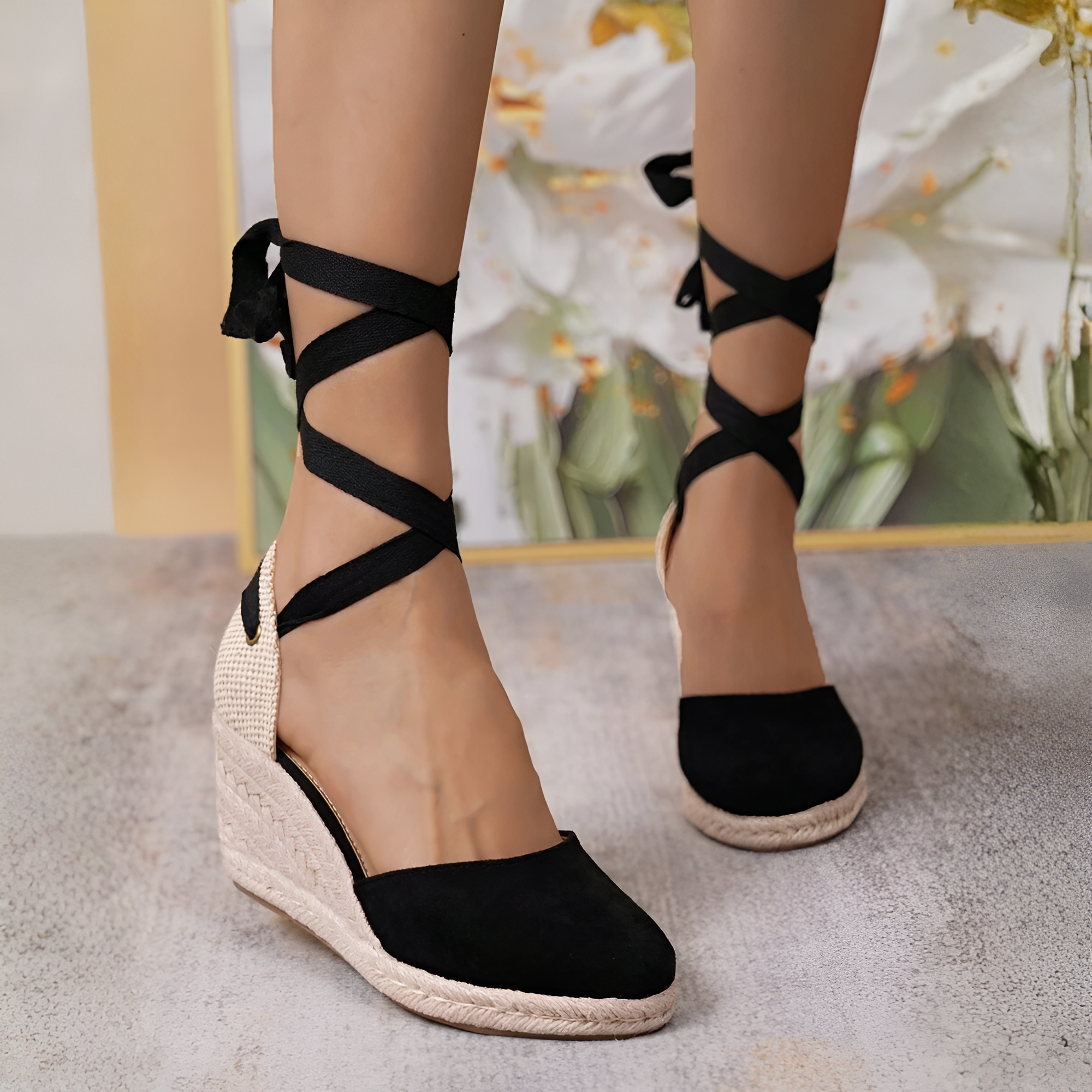 Woven Lace Up Round Front Wedge Sandals in Black - Back View